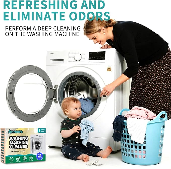 Washing Machine Cleaner Tablets,24 Pack Deep Cleaning Tablets for HE,Front & Top Load Washers - Eliminates Odor-Causing Buildup,Debris from the Drum,and Pet Hair,Septic Safe - 1 Year Supply