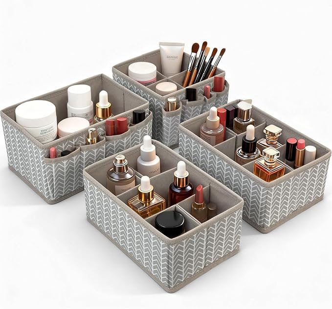 VERONLY Cosmetic Storage Bins Makeup Organizer, Adjustable Multifunction Storage Box Desk Drawer Divider for Makeup Brushes, Bathroom Countertop or Dresser, Set of 4 (Grey)