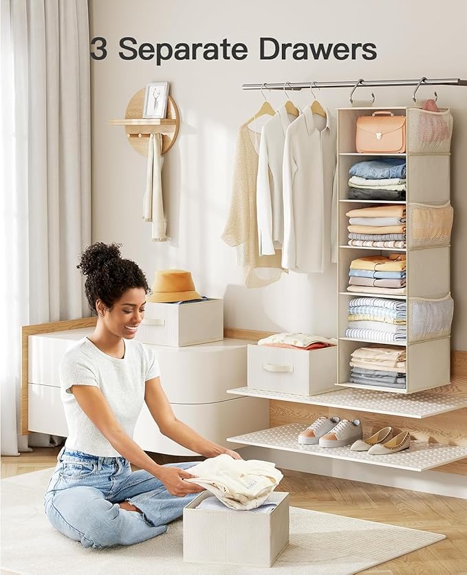 Pipishell Hanging Closet Organizer 6-Shelf, Hanging Shelves for Closet with 3 Removable Drawers & Side Pockets for Bedroom, Garment Rack and Wardrobe Organization, 12' x 12' x 43.3', White