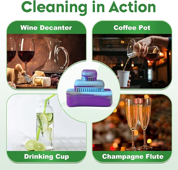 Magnetic Glass Cleaner Kit - Reusable Pipe Cleaning Tool Deep Cleans Hard-to-Reach Stains Two Silicone Brush with Handle Design Versatile for Glassware, Ceramic Surfaces, Purple