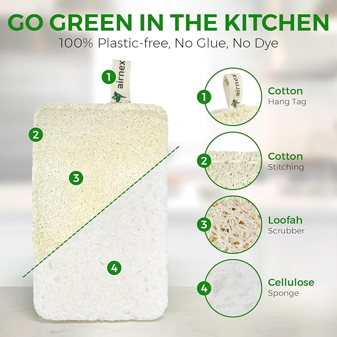 Natural Loofah Sponges for Dishes - Pack of 6 Plastic Free Loofah Kitchen Sponges with Cellulose Core & Cotton Loop - Non Toxic Natural Sponges for Dishes & Kitchen Cleaning