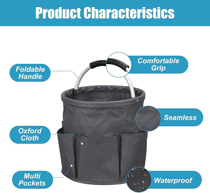 Qivine 17L Cleaning Caddy with Handle, Cleaning Supply Caddy, Foldable Tool Bag Cleaning Products Organizer, Portable Cleaning Bucket Caddy for Cleaning Supplies (Dark Gray)