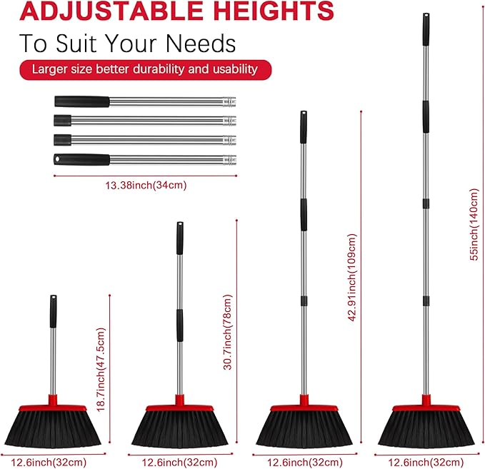 Heavy Duty Angle Broom, 55-Inch Long Handle Extra Wide 12.6 Inch Head, Stainless Steel Tube & PP Bristles for Pet Hair and Dust, Floor Safe - Red