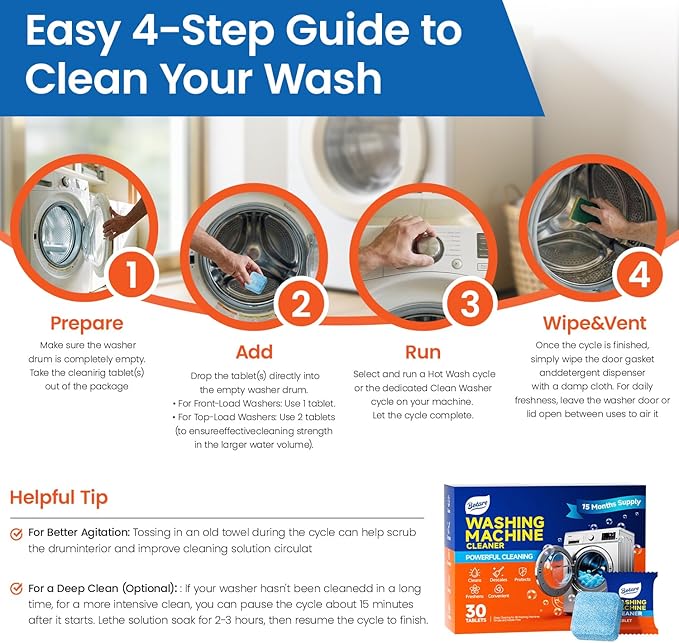 Washing Machine Cleaner tablets, 30 Count - 15 Month Supply, Deep Cleaning Deodorizer for HE Front & Top Loader Laundry Washer, Cleans Inside Drum Pump Valve Hoses, Septic Safe, Lemon Secent