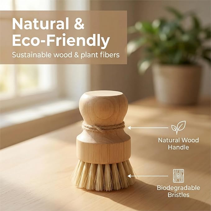 Wooden Dish Scrub Brush - Natural Fiber Kitchen Dish Scrubber Set, for Cleaning Pots, Sink, Tableware and Vegetables - 3 Pack