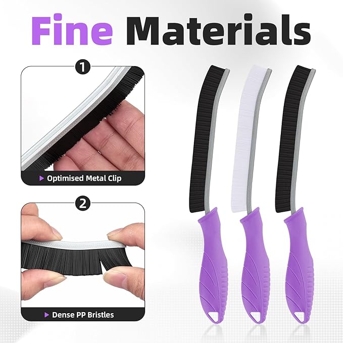 Hard Bristle Crevice Cleaning Brush - Cleaning Supplies - Grout Cleaning Brushes for Household Use - Crevice Cleaning Tool for Bathroom, Home and Kitchen (3, Purple)