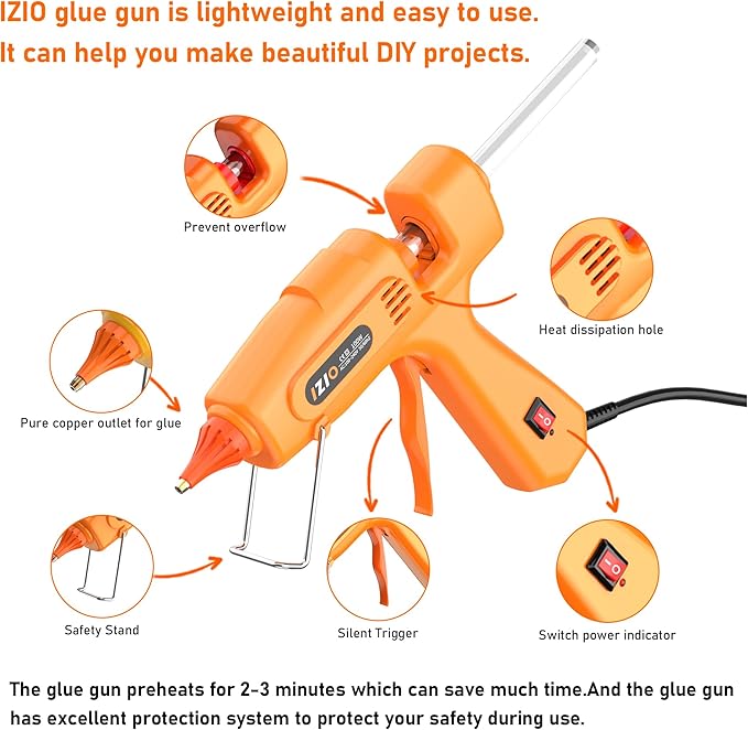 IZIO 100W Professional Hot Glue Gun Kit - Fast Heating, Non-Drip, Anti-Scald Nozzle, Safe & Ergonomic Grip, Includes 21 Glue Sticks (7/16") and Storage Bag - Full Size, Orange