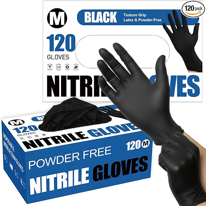 Fixwal Gloves for Cooking Food Prep, Black Disposable Nitrile Gloves, 4 Mil, 120 Count, Cleaning Service Gloves, Latex Free, Powder Free
