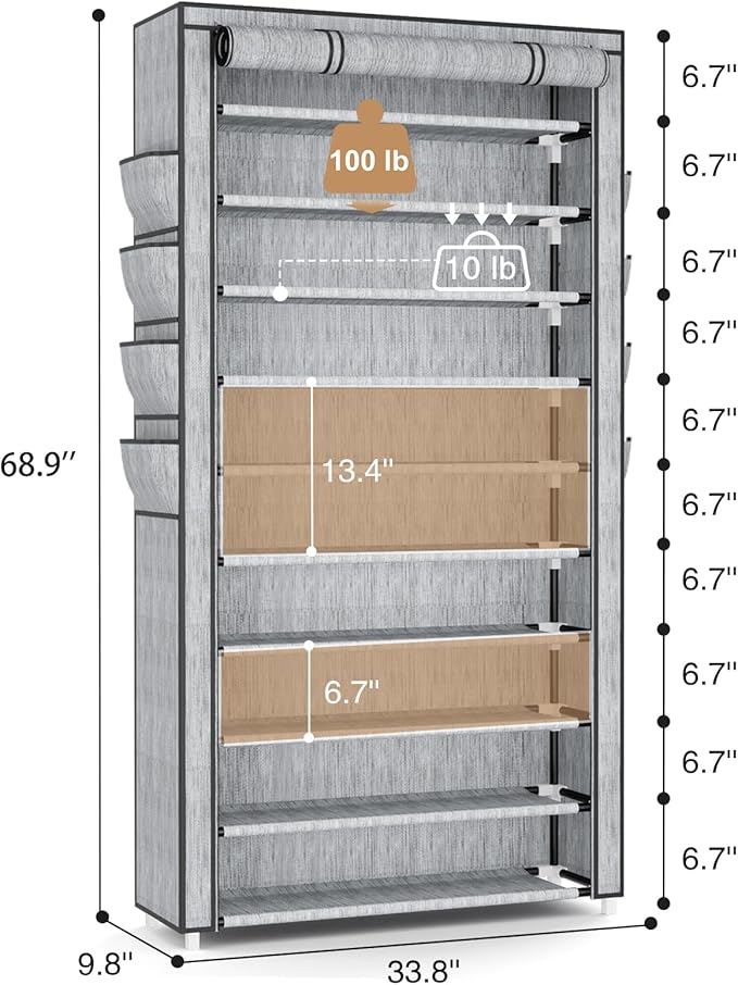 VTRIN Tall Shoe Rack with Cover, 10 Tier Shoe Organizer Storage for 50-55 Pairs Shoes and Boots Large Capacity Shoe Shelf with 8 Pockets Free Standing Shoe Rack for Closet, Entryway, Garage, Printing
