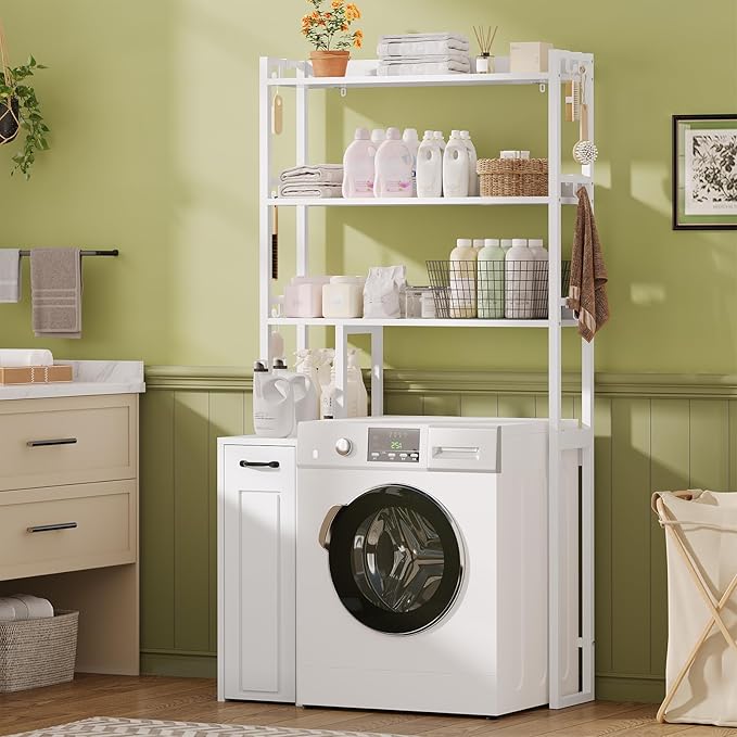 UPOSOJA Over The Toilet Storage Cabinet with Pulley, Bathroom Organizer W/6 Hooks for Restroom, Laundry, Plant Stand (White)