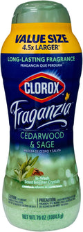 Clorox Fraganzia Laundry Scent Booster Crystals, In-Wash Fragrance Beads for Fresh-Smelling Clothes & Linens, Safe for All Fabrics & Colors, Easy-Pour Bottle, Cedarwood & Sage, 70 Oz