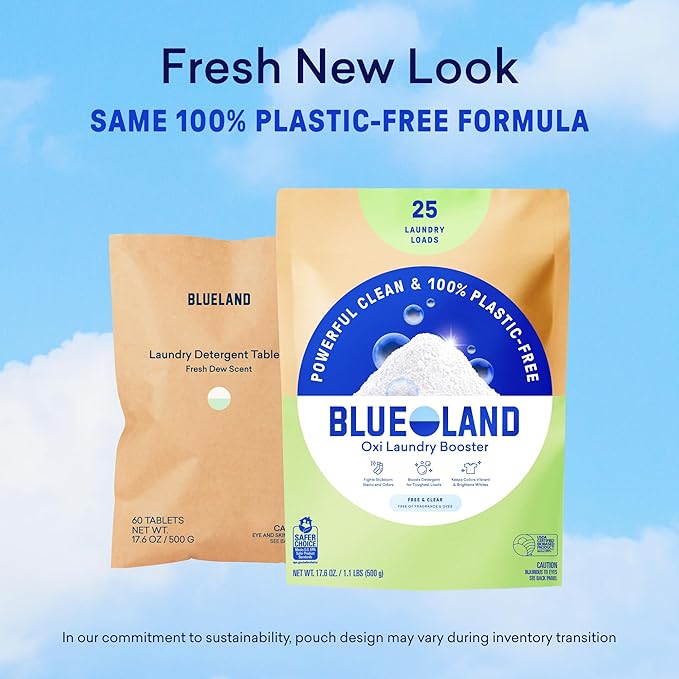 BLUELAND Oxi Laundry Booster Powder with Tin, Starter Set, Clear Skies Scent, 25 Loads, 17.6 oz, Plastic-Free, Eco Friendly, Oxy Cleaner, Stain Remover