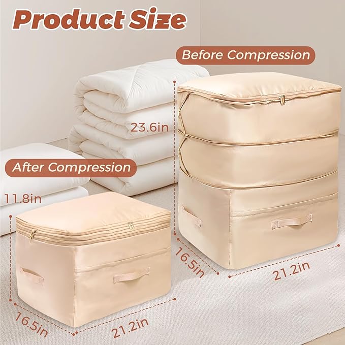 Ultra Space Saving Self Compression Organizers, Double Zipper Compression Packing Cubes for Bedding, Comforter Storage Bag for Blankets Duvet Quilts Pillows Queen King (Beige, X-Large)