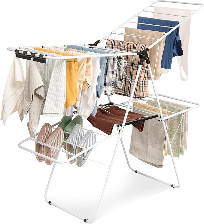 Tangkula Foldable Clothes Drying Rack, 2-Level Folding Drying Rack for Indoor Outdoor Use, Drying Rack Clothing w/Height-Adjustable Gullwing, 33 Drying Rails, Sock Clips