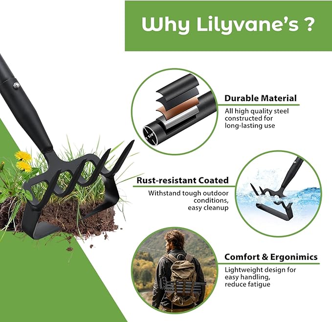 Lilyvane Garden Hoe, 2 in 1 Heavy Duty Stirrup Hoe and Cultivator for Weeding, Sharp Blade, 76 inch Long Handle, Lightweight Stand Push-Pull Hoes Weeding Rake for Grass Removal, Aerating, Cultivating