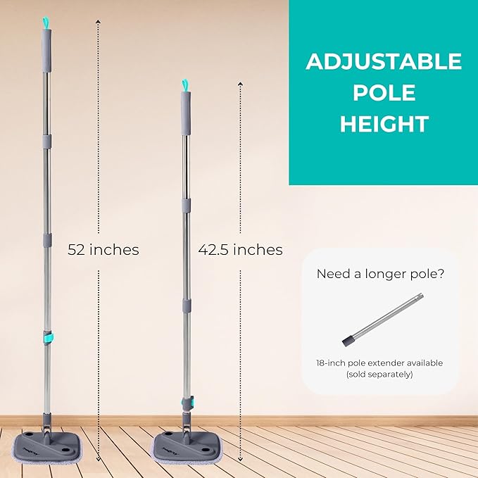 TRUE & TIDY Square Spin Mop & Bucket System – Dual Chamber for Clean & Dirty Water, 360° Rotating Self-Wringing Mop with Built-in Scrub Brush, Stainless Steel Handle & 2 Reusable Microfiber Mop Pads