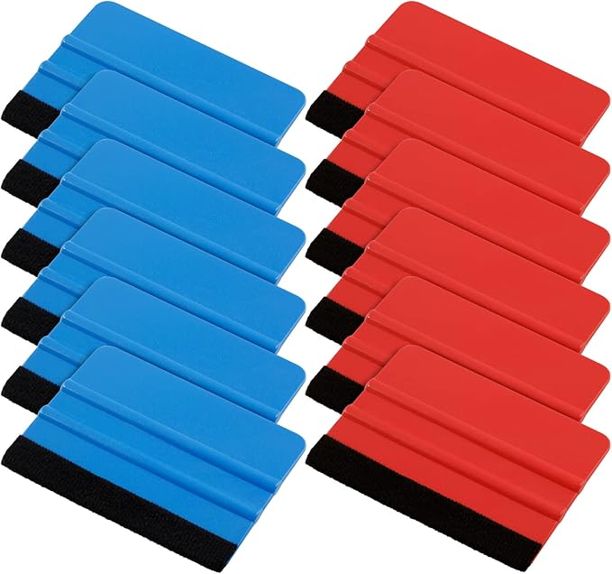 12Pcs Plastic Felt Edge Squeegee Tool Vinyl Squeegee 4 Inch for Window Tint, Wallpaper, Decal Sticker, 6 Blue & 6 Red