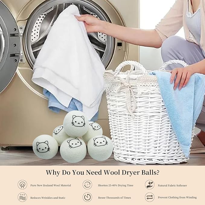 Dryer Balls Laundry Reusable, XL Wool Dryer Balls Cute Cat Face 6 Pack, Fabric Softener Ball, Extra Large Dryer Balls with Cat Pattern, Shorten Drying Time, Organic Wool - Dry 1000+ Loads
