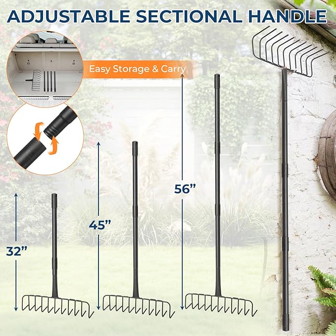 56" Rake with Oversize L-Head - Lightweight Tool for Effortless Collecting Cleaning - Sturdy Design for Dethatching, Landscaping, Lawn, Yard, Bushes, Pine Needles, Hay, Leaves, Mulch, Grass