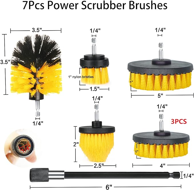 8 Pack Drill Brush Attachment Set, 1/4in Power Scrubber Brush+ Extend Long Rod, Brush Drill Attachment, Power Cleaning Scrub Brush for Bathroom, Tub, Tile, Corner, Floor