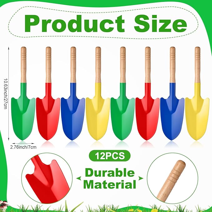 Gisafai 12 Pcs Toy Shovels for Kids Gardening Tools Kids Shovel Mini Metal Garden Shovel Sand Shovels with Sturdy Wooden Handle for Summer Beach Toddler Soil Planting Digging Tools, 4 Colors