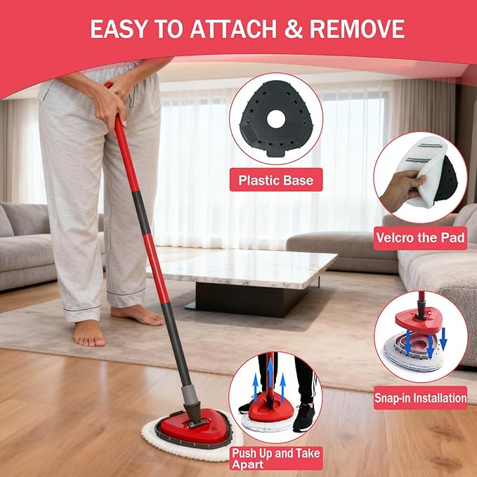 Triangule Flat Mop Replacement Pads, Spin Mop Pad Replacement, 5 Pack Mop Refill Pads, 1 Mop Base and 1 Scraper for Cleaning Floor, Wall, Ceiling, Easy to Replace