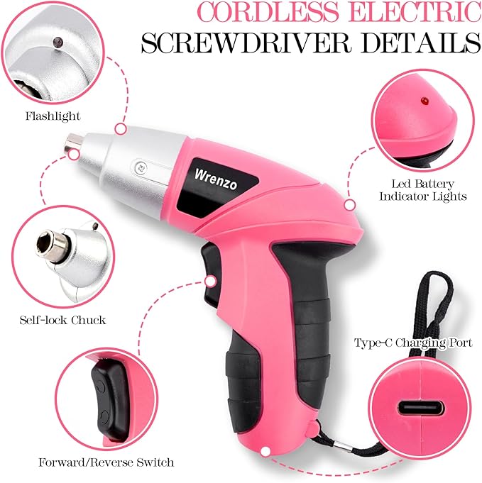 3.6V Pink Cordless Screwdriver Set, 151Pcs Home Tool Kit with Magnetic Bits & LED Light - Rechargeable Power Drill for Women DIY, USB-C Fast Charging