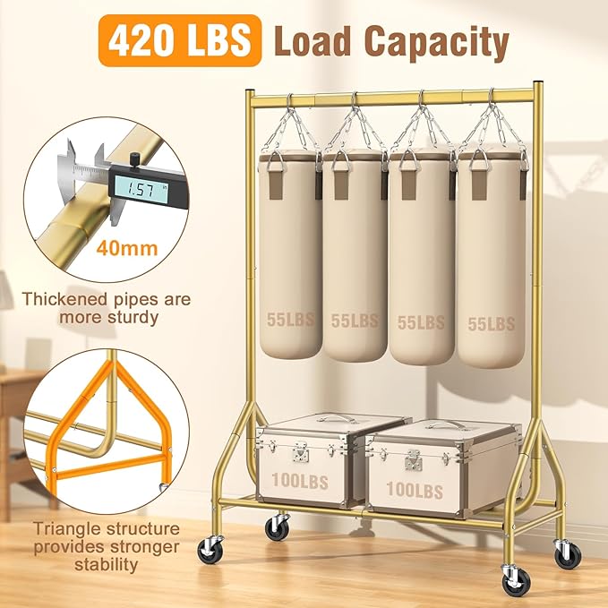 EAGMAK Heavy Duty Clothes Rack Load 420 LBS, Rolling Garment Organizer with Lockable Wheels, Standing Metal Clothing with Shelves, Portable Wardrobe Rack Sturdy Coat Rack for Hanging (Gold)