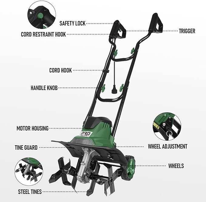 Prostormer Electric Tiller 14-Inch, 10-Amp Corded Cultivator with 14-Inch Tilling Width, Foldable Garden Rototiller with Wheels for Weeding and Soil Cultivation