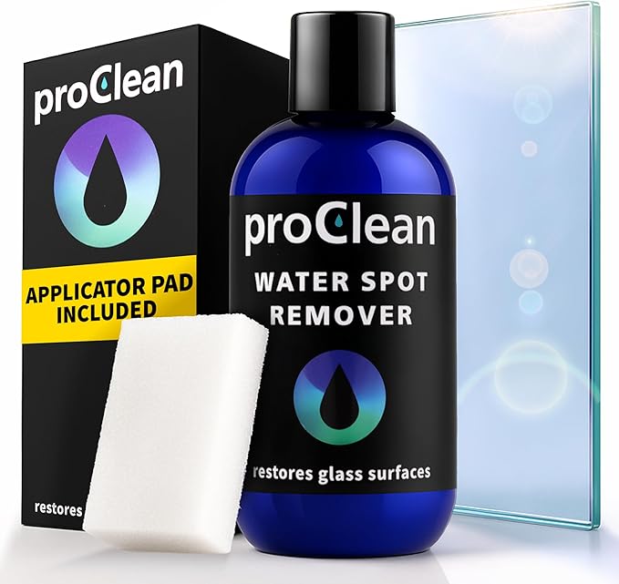 GlasWeld ProClean Hard Water Stain Remover for Glass & Metal – Non-Acid Mineral Deposit & Water Spot Remover for Cars & Shower Glass Cleaner - Removes Hard Spots from Windows – with Applicator Pad
