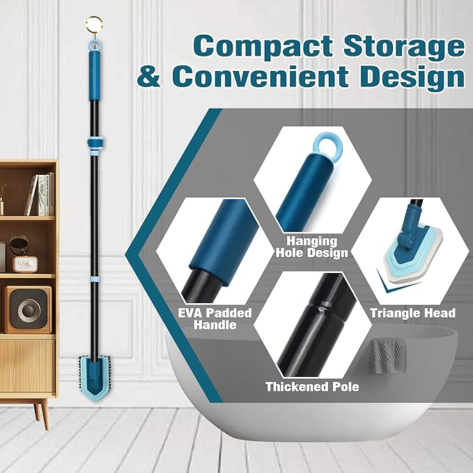 JEHONN Tub Tile Shower Scrubber Brush with Telescopic 51 inches Long Handle, 4 Different Cleaning Heads for Bathroom Bathtub Sink Floor Wall Baseboard (Blue)