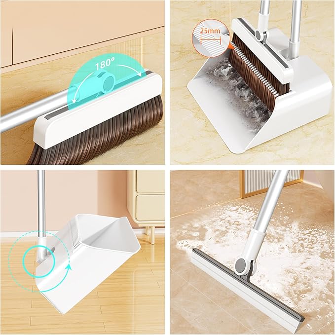 3-in-1 Magnetic Broom with Dustpan Combo Set, Broom and Dustpan Set with Silicone Broom, Upright Standing Dustpan Self-Cleaning Teeth for Home, Kitchen, Office, Hall Floor, Pet Hair