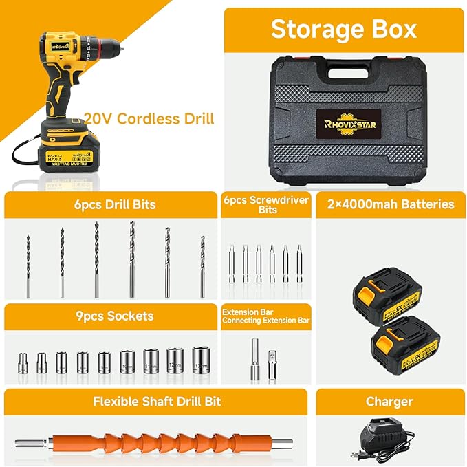 Cordless Drill Set, Power Drill Tool Set 20V, 3/8-Inch Keyless Chuck Drill Gun,Variable Speed (Equipped with 2x 4.0Ah Batteries)