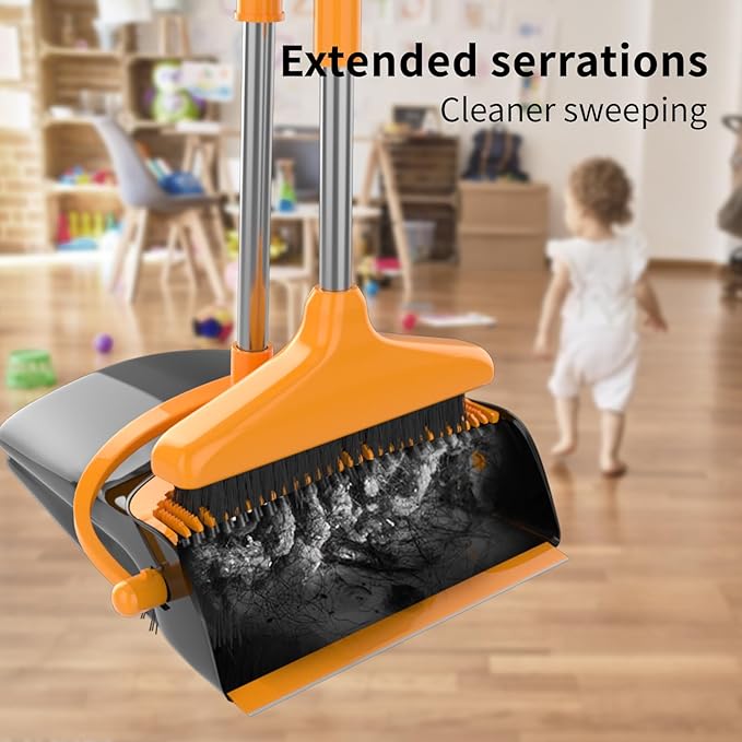 Broom and Dustpan Set for Home Long Handle (51" Length) Extendable Standing Dust Pan for Indoor Lobby Office Kitchen Cleaning (Black and Orange)