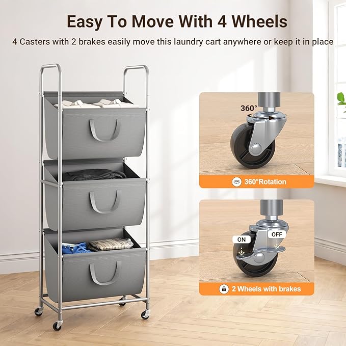 ELYKEN 120L Vertical Rolling Laundry Hamper with Removable Bags, 3 Section Laundry Baskets with Wheels, Space-Saving 3 Tier Laundry Sorter for Small Spaces, Dorm, Bedroom, Bathroom, Laundry Room