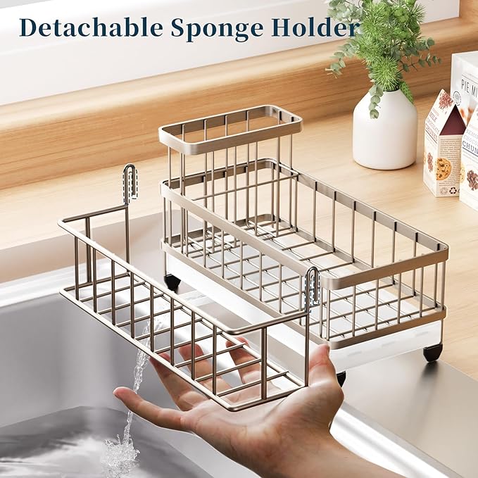 Consuemst Sponge Holder for Kitchen Sink - Auto Draining Sink Caddy Organizer with Detachable Rack, High Brush Holder, Kitchen Countertop Storage Accessories, Sand Nickel
