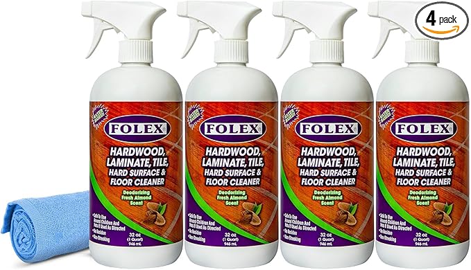 FOLEX Hardwood, Laminate, Tile, Hard Surface & Floor Cleaner with Reusable Cleaning Cloth, Fresh Almond Scent, Residue and Streak Free - 4 Pack