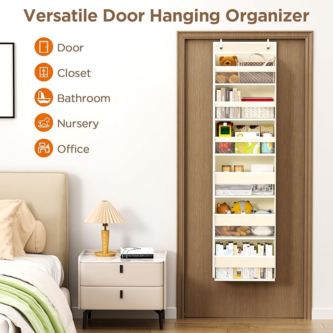 Mefirt Over The Door Organizer, 6 Shelf Door Hanging Organizers with 6 Large Capacity Pockets, Behind Door Storage Hanging Shelves for Closet Wall Bathroom Bedroom Nursery