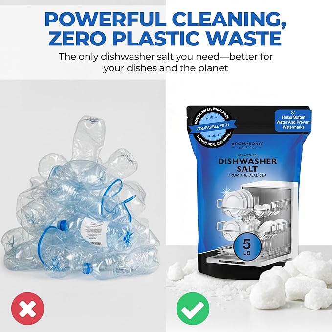 Aromasong Dishwasher Salt 5 LB - 100% Natural Water Softening Agent Compatible with Bosch, Miele, Whirlpool, Thermador and More... For Cleaner Dishes & Washer Reactivation (packaging may vary)