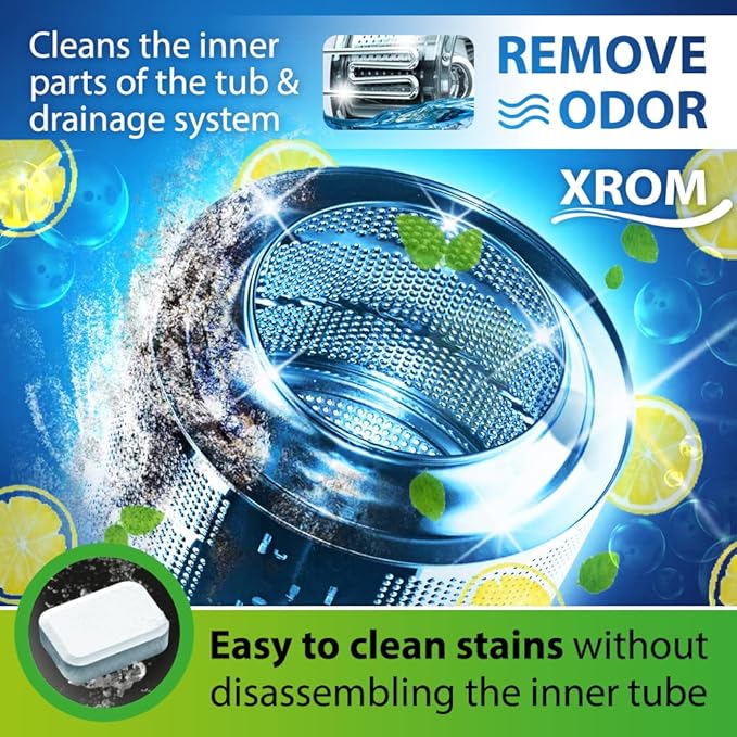 XROM Plant Based, Washer Cleaner And Descaler, Removes Odors, Limescale & Detergent Build-Up, Removes Hard Water Stains, For Front and Top Load, 6 Per Pack (Lemon)