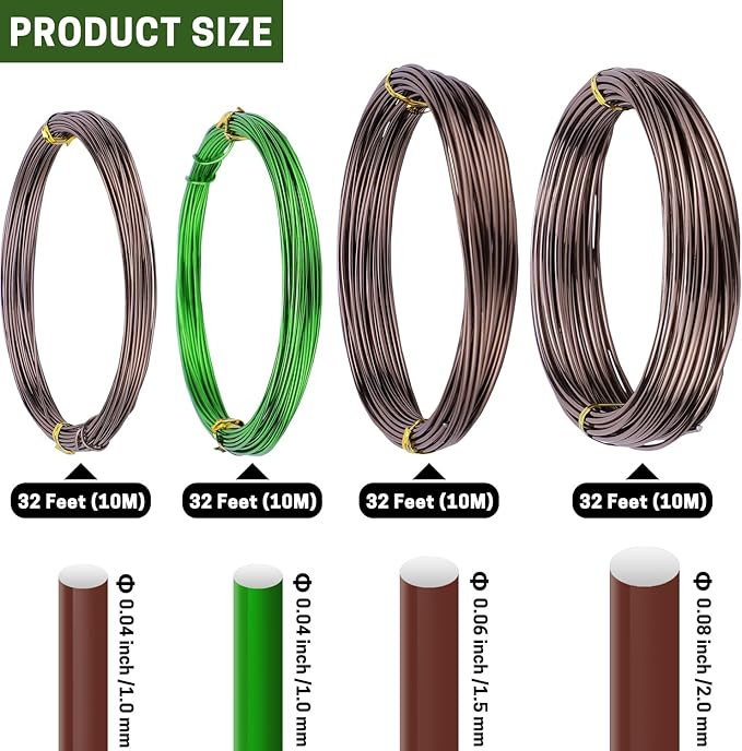Bonsai Training Wire Set of 4, Total 128 Feet (32 Feet Each Size) 3 Size - 1.0MM, 1.5MM, 2.0MM, Corrosion and Rust Resistant