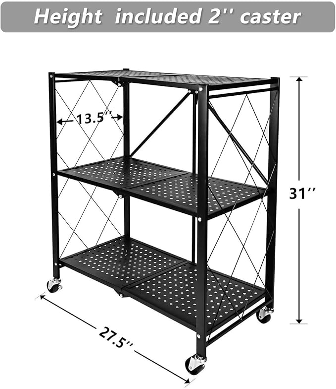 HealSmart Heavy Duty 3-Tier Foldable Metal Rack, 14.96" D x 27.95" W x 34.25" H Storage Shelving Unit 750 lbs with Wheels Moving Organizer Shelves for Garage Kitchen, Black