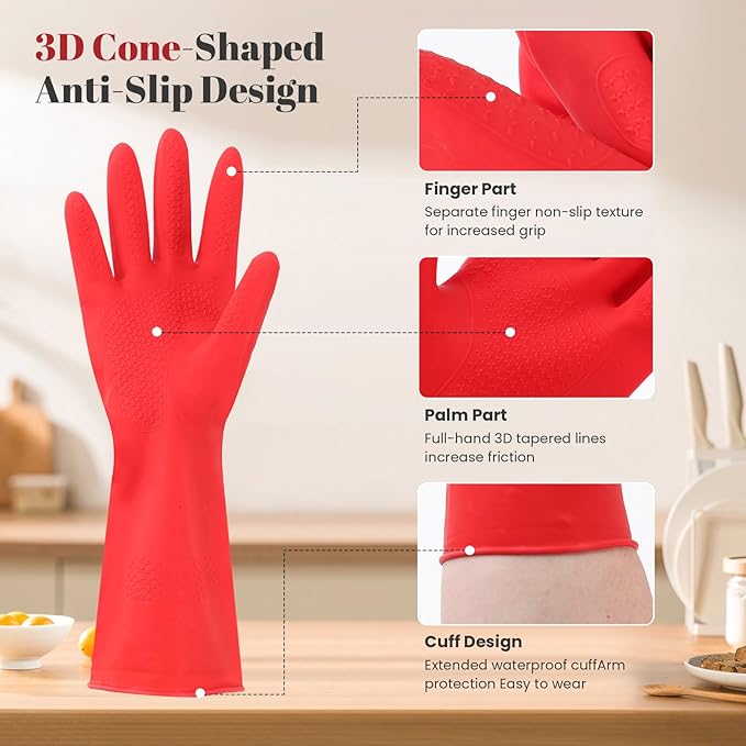 Rubber Cleaning Gloves for Dishwashing - 4 Pairs Kitchen Gloves for Washing Dishes, Reusable Household Gloves for Bathroom, Gardening (Small, Beige)