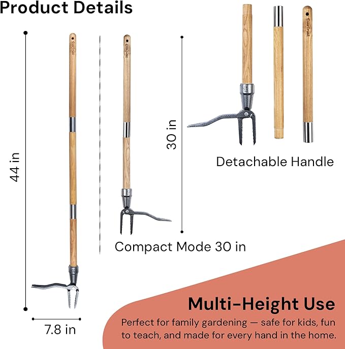 4-Claw Stand Up Weed Puller Tool with Long Handle - Adjustable 30"- 44" Heavy Duty Metal Head Weeder Tool with American Ashwood Handle, Easy Gardening Weed Removal, No Bending or Kneeling