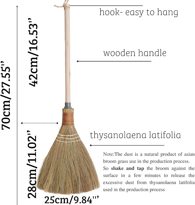 Natural Whisk Sweeping Hand Handle Broom - Vietnamese Straw Soft Broom for Cleaning Dustpan Indoor - Outdoor - Decorative Brooms - Wooden Handle - 9.84'' Width, 27.55" Length