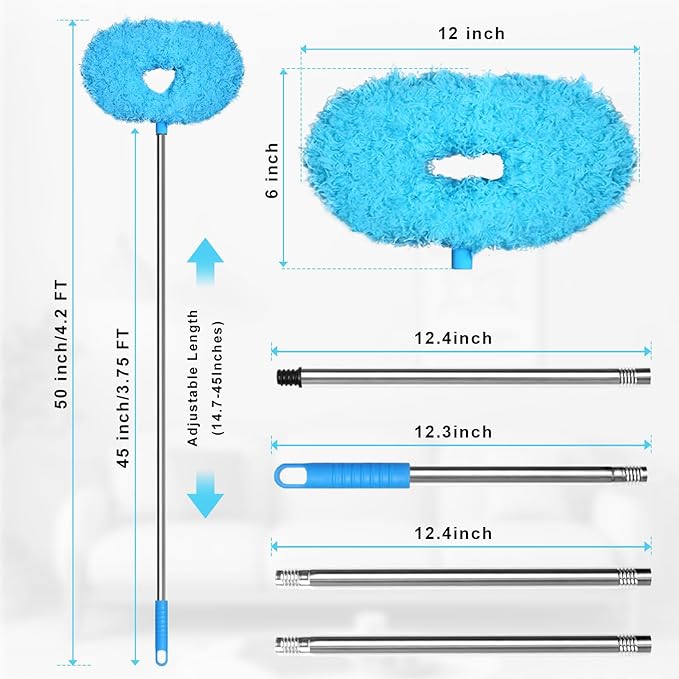 Eunice 13-49.7 Inches Ceiling Fan Duster with Extension Pole, Adjustable and Removable Cleaner Blade for High Ceiling, Fan Cleaner for Window Door Furniture (Blue)