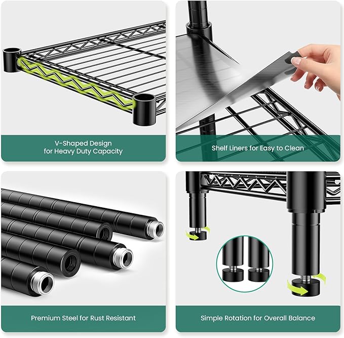 48" W Storage Shelves 1875LBS Metal Shelving, 5-Tier Adjustable Wire Shelving Unit with Liners, Heavy Duty Garage Shelving Steel Rack for Commercial Pantry, 48" W x 18" D x 72" H, Black