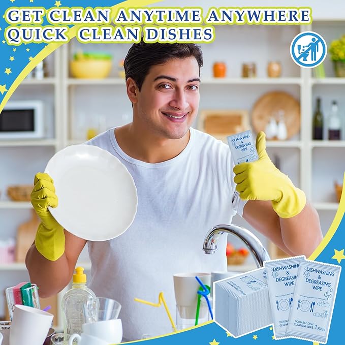 Tondiamo 150 Pcs Travel Dish Soap Wipes Individually Wrapped Dish Cleaning Wipes Disposable Portable Cleaner with Lemon Scent for Camping Kitchen Outdoor Traveling Quick Clean