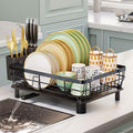 AIDERLY Iron Dish Drying Rack with Drainboard Dish Drainers for Kitchen Counter Extendable Spout Strainers with Utensil Holder and Knife Slots, Black