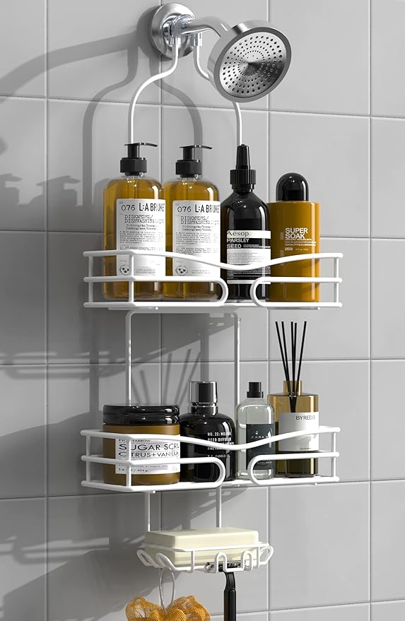 DAOYA Over Head Shower Caddy - Bathroom Shower Organizer with Soap Holder & 6 Hooks for Towels, White, 76L Capacity, Hanging Mount, Rust Resistant